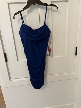 Blue Cowl Neck Ruched Spaghetti Strap Dress
